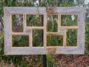 Wooden multi photo collage frame for 8 pictures hand made at WombatFrames Australia in recycled rustic grey fence paling look recycled timber