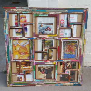 Recyled timber multi pic photo frame for 24 photos in bright colours made at WombatFrames