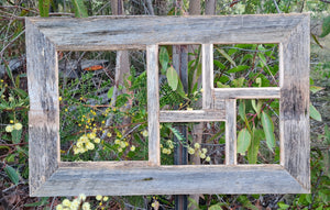 Picture frame in rustic grey weathered wood with nail holes, fence paling look with 5 openings 