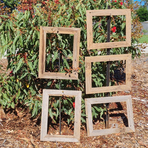 Rustic wooden picture frames in a rustic grey fence paling weathered grey look, some nail hole features as well, A3 size with 7cm wide timber made at WombatFrames