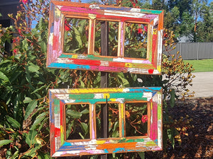 Vibrant brightly painted multi color photo frames for 3 openings to hang horizontally or vertically 