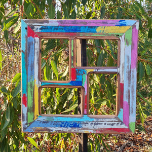Square photo frame for 4 pictures,  a brightly painted frame with lots of colours hand made in recycled eco friendly Aussie timber
