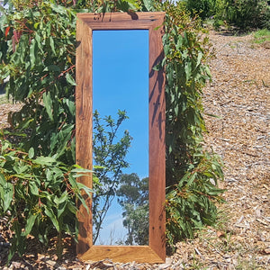 Wooden dress mirror hand crafted in brown gum recycled timber with interesting timber knots, grain and nailholes custom made at WombatFrames