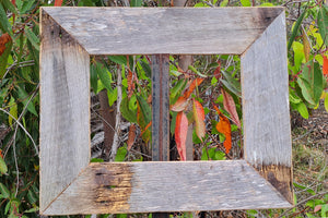 Grey photo frame made using recycled Australian timber, a rustic beachy fence paling look with nail holes just add art or photography