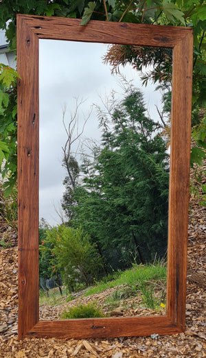 Unique large size feature mirror in Australian recycled hardwood with grain and nail holes 