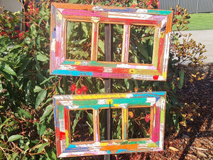 Wooden photo frame for 3 images hand painted in vibrant colours on recycled Australian timber, a WombatFrames Happy frame