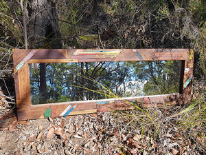 Art designed dress mirror in different Australian timbers with coloured pieces made at WombatFrames