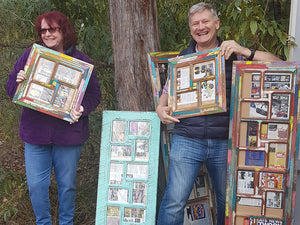 Pale Aqua Blue Family Multi Photo Frame and Selection of Fun and Brightly Painted Wombat Happy Frames