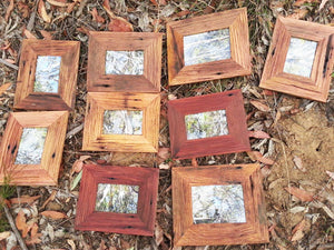 Rustic wooden photo frames hand made using Australian recycled hardwood here showing different timbers, grains, rustic frames with nail holes at WommbatFrames