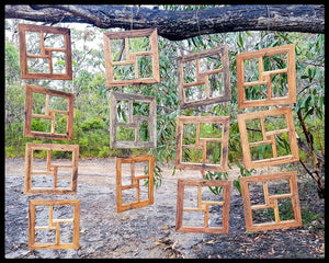 Photo frame party with lots of 4 photo square multi opening picture frames in Australian recycled timbers