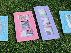 Pink 3 opening Frame and Lilac Purple 3 opening multi photo frame made in Recycled Timber