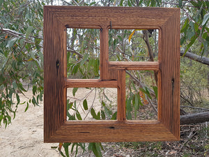 Square photo frame for 4 images made using salvaged timbers, an authentic Australian gift idea