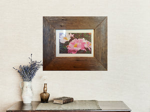 9cm wide rustic grey single frame with 3cm antique white mat and artprint showing peonies